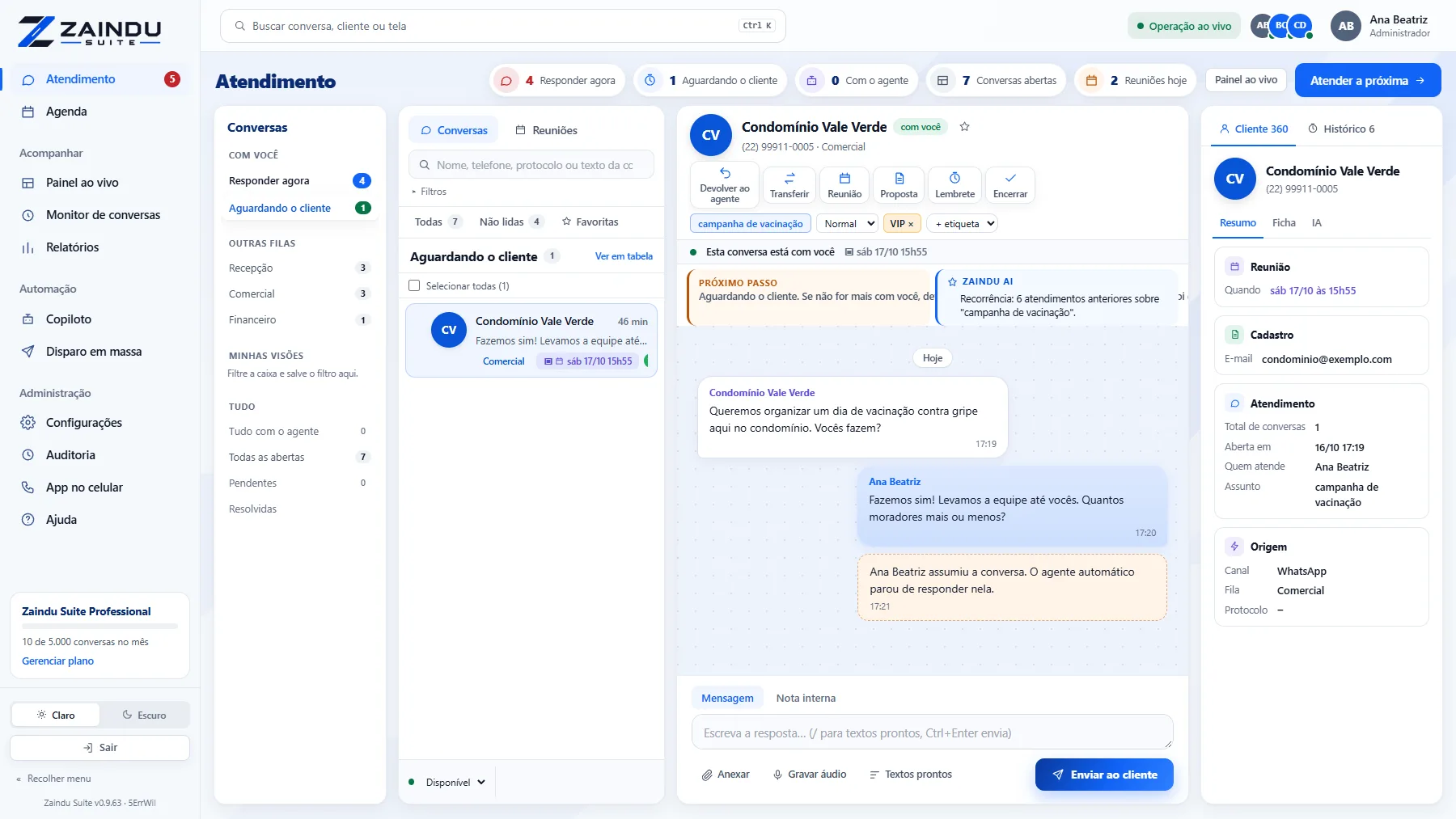 Caixa de atendimento do Zaindu Suite: lista de conversas com assunto e tempo de espera, conversa aberta com nota interna e ficha do contato à direita